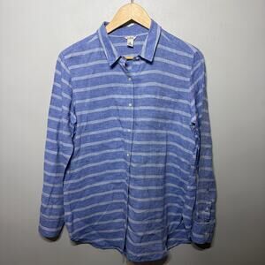 L.L.Bean Shirt Button Up Blue White Linen Striped Beachy Coastal Grandma Airy M